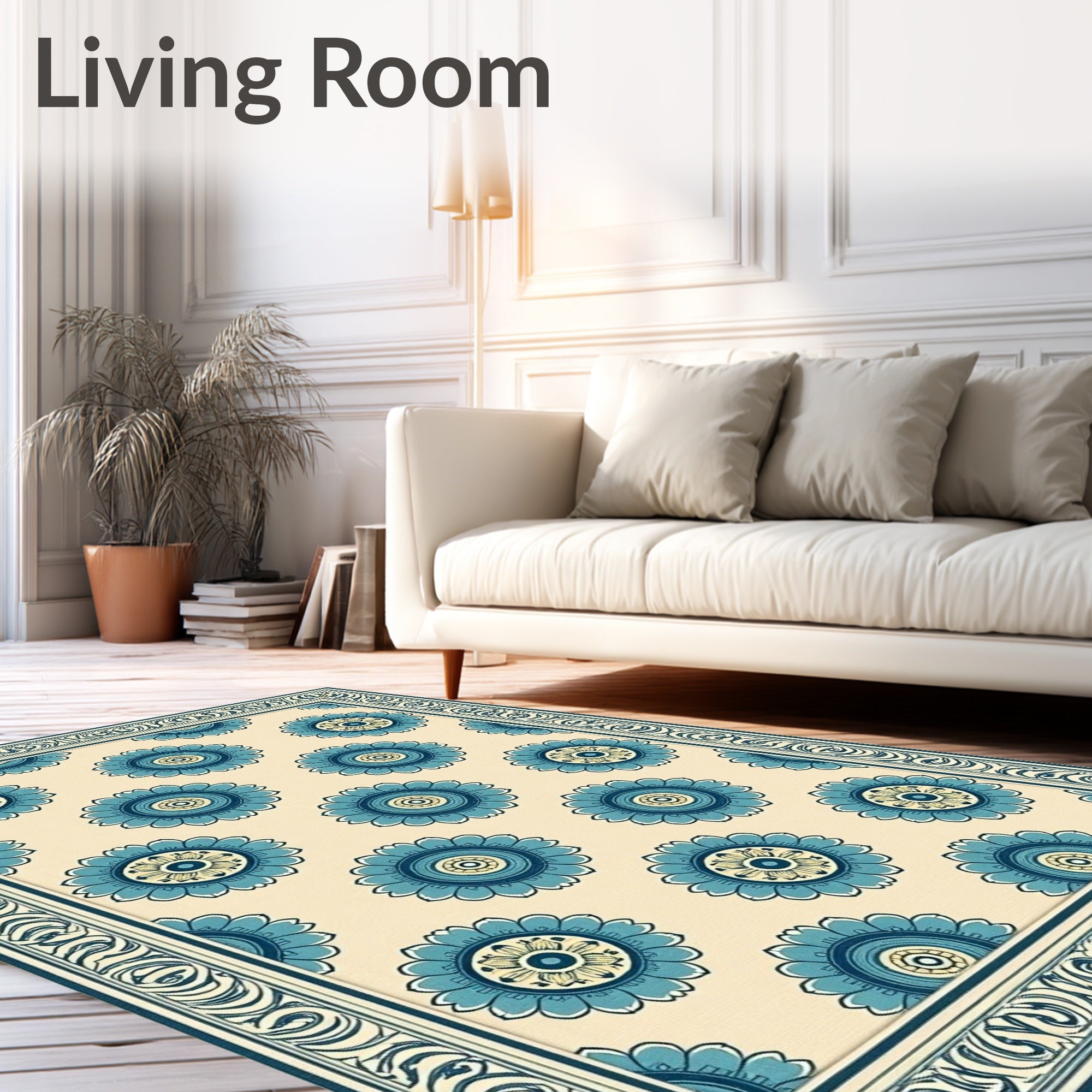 Blue Floral Medallion Bordered Rug