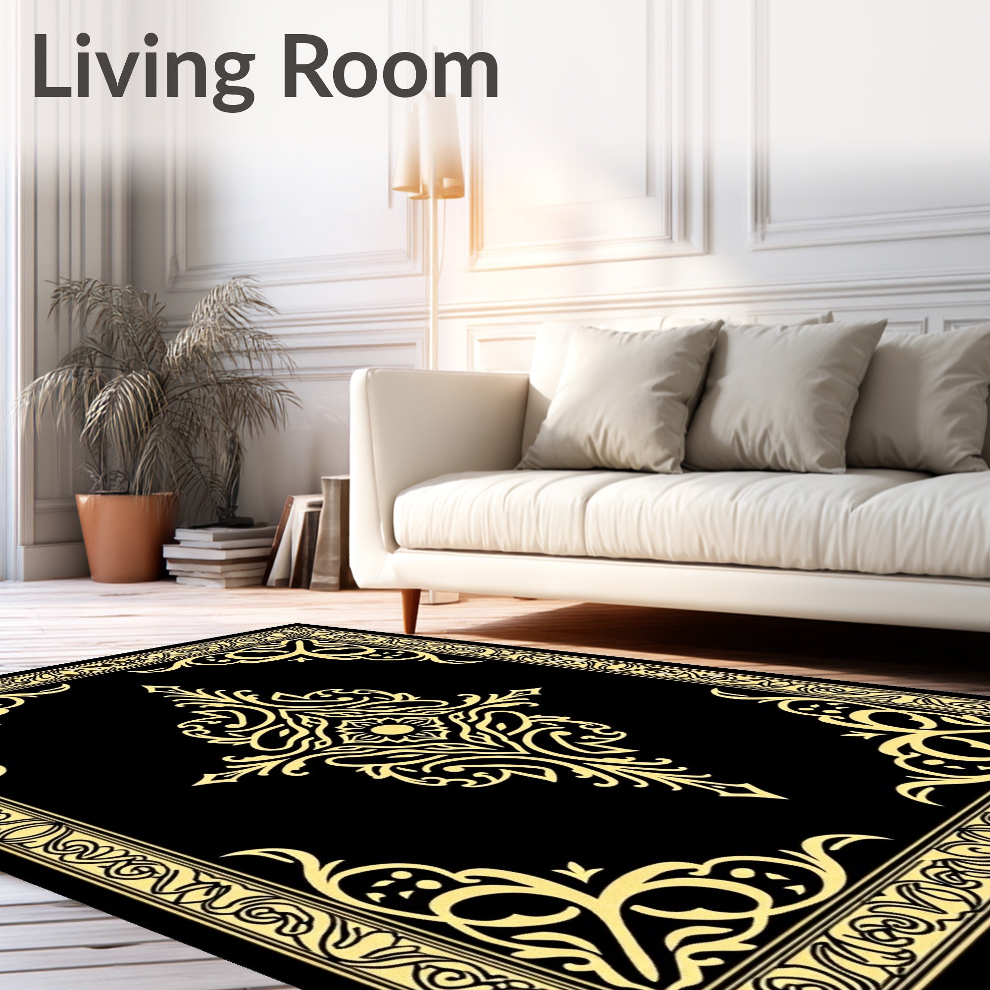 Black and Gold Filigree Medallion Rug