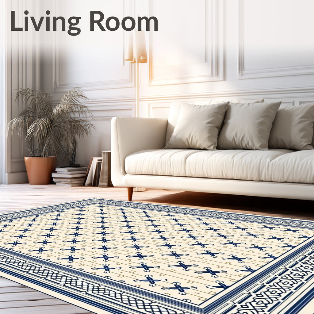 Navy Blue Cream Trellis Border Rug
