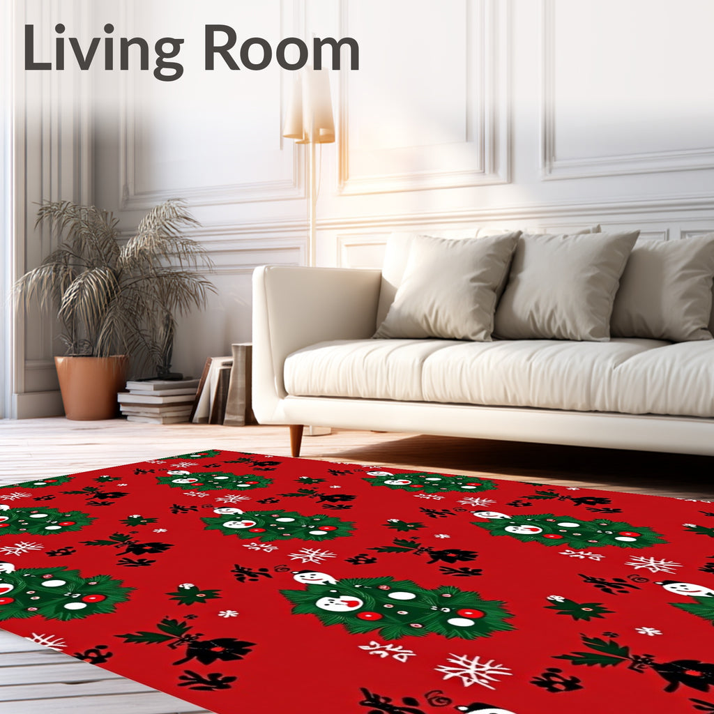 Festive Red Christmas Tree Snowman Rug