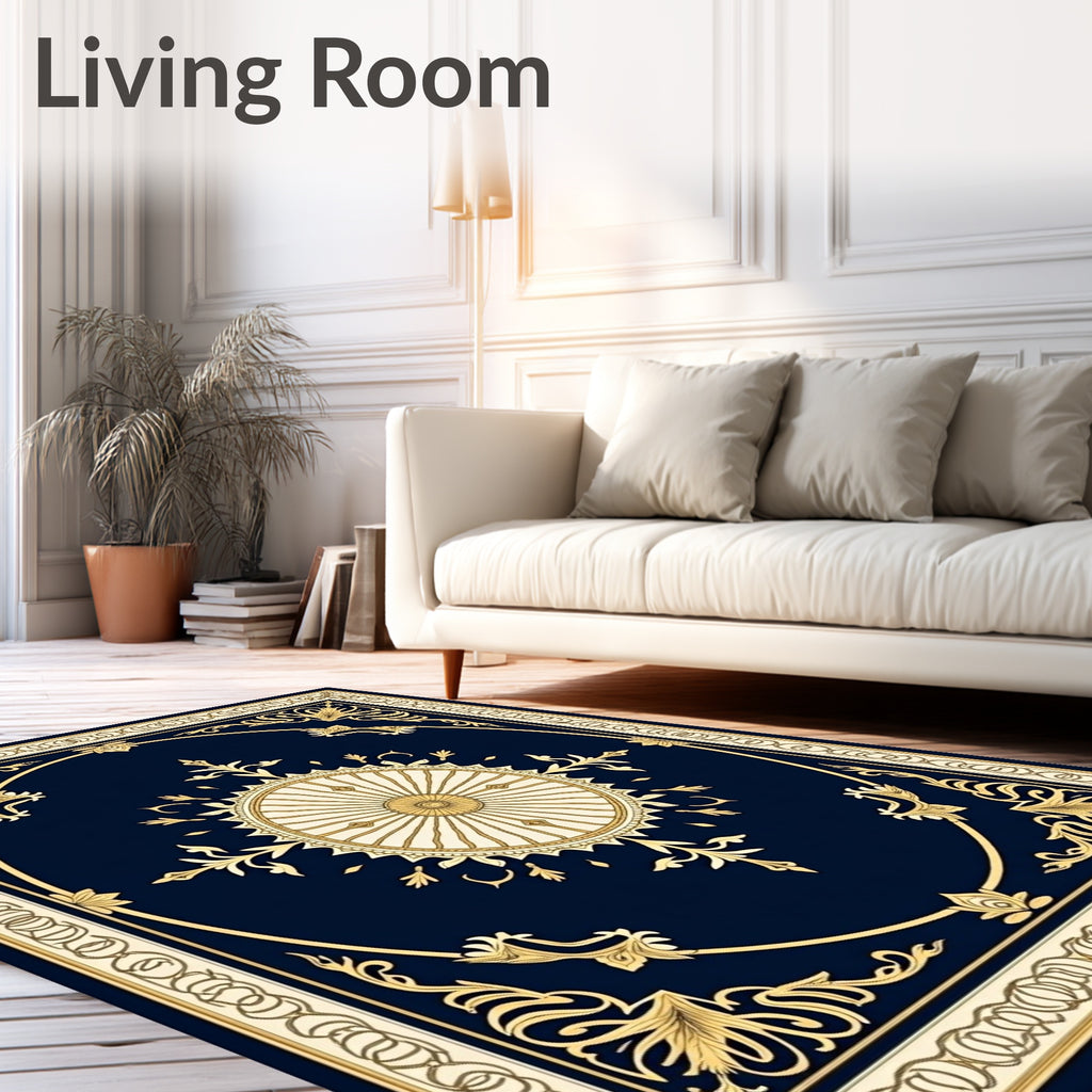 Navy Gold Medallion Scroll Border Rug