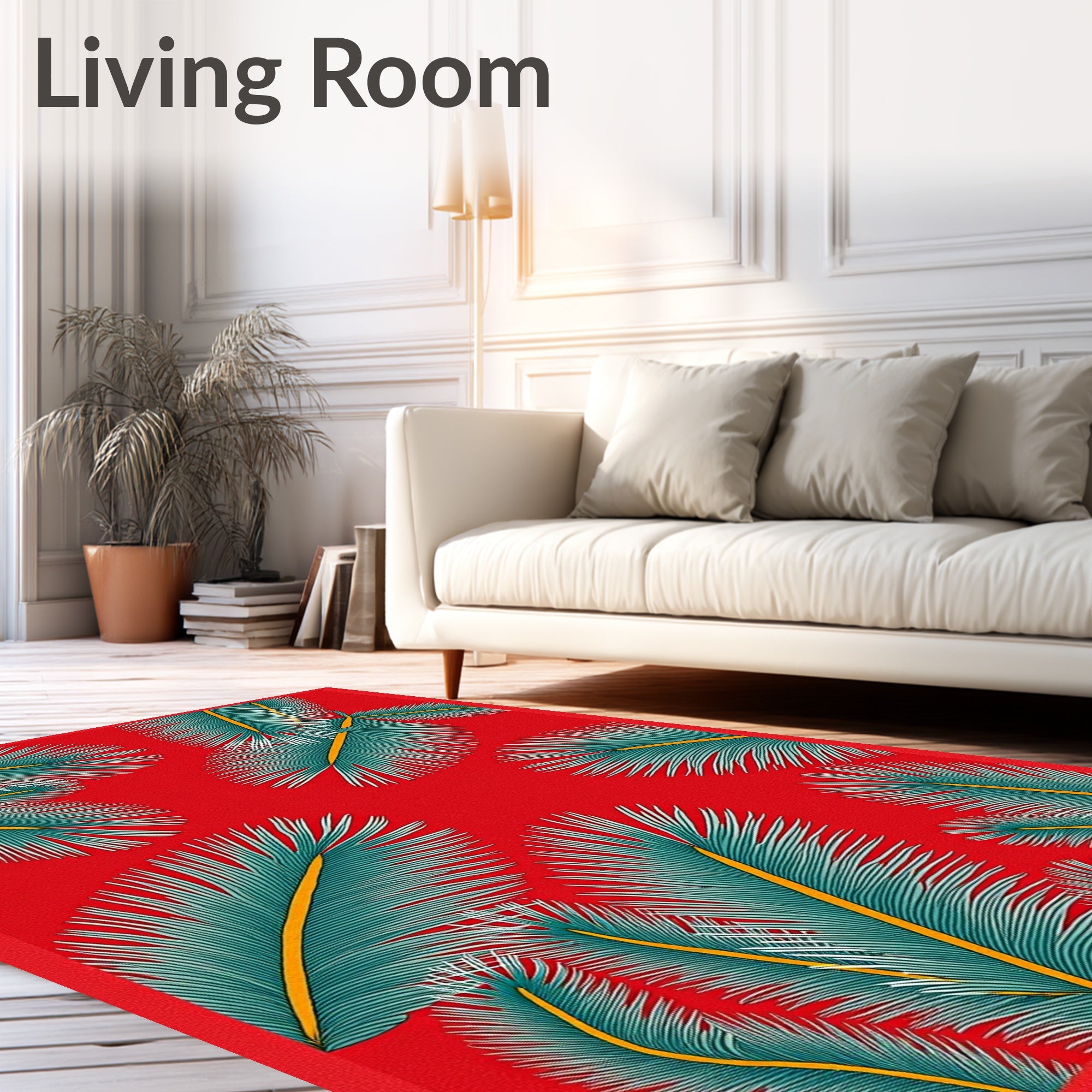 Red Teal Palm Frond Nature Rug