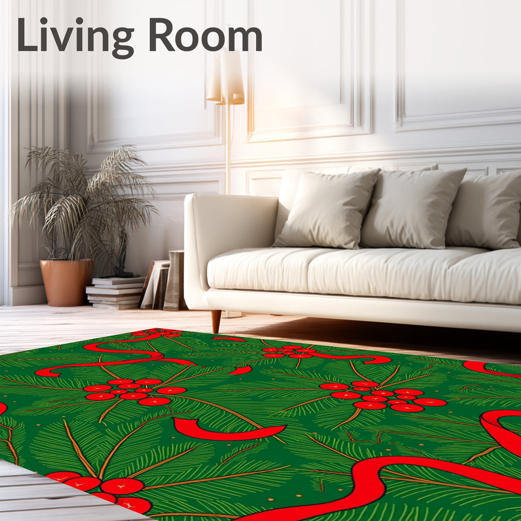 Christmas Green Red Holly Branch Rug