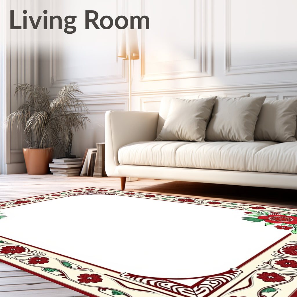 Crimson Red Floral Border Cream Rug
