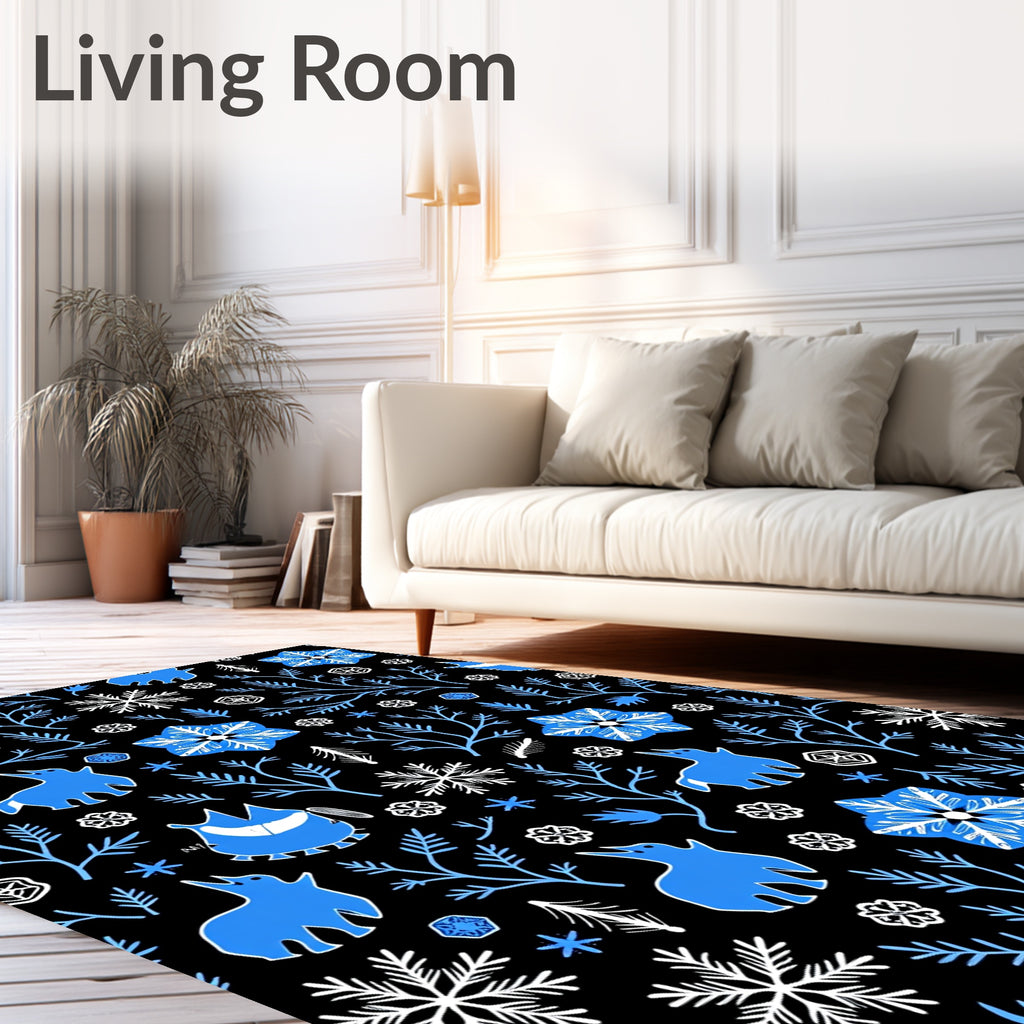 Whimsical Blue Winter Creature Snowflakes Rug