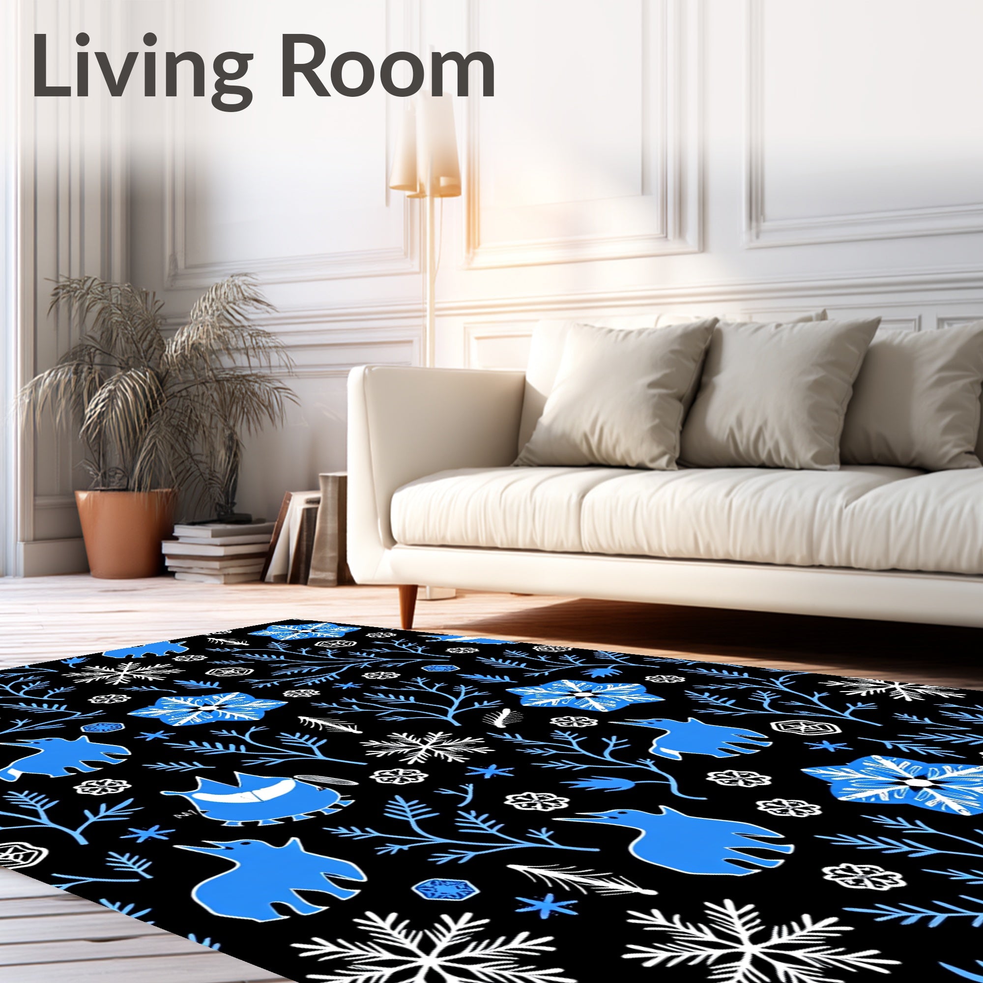 Whimsical Blue Winter Creature Snowflakes Rug