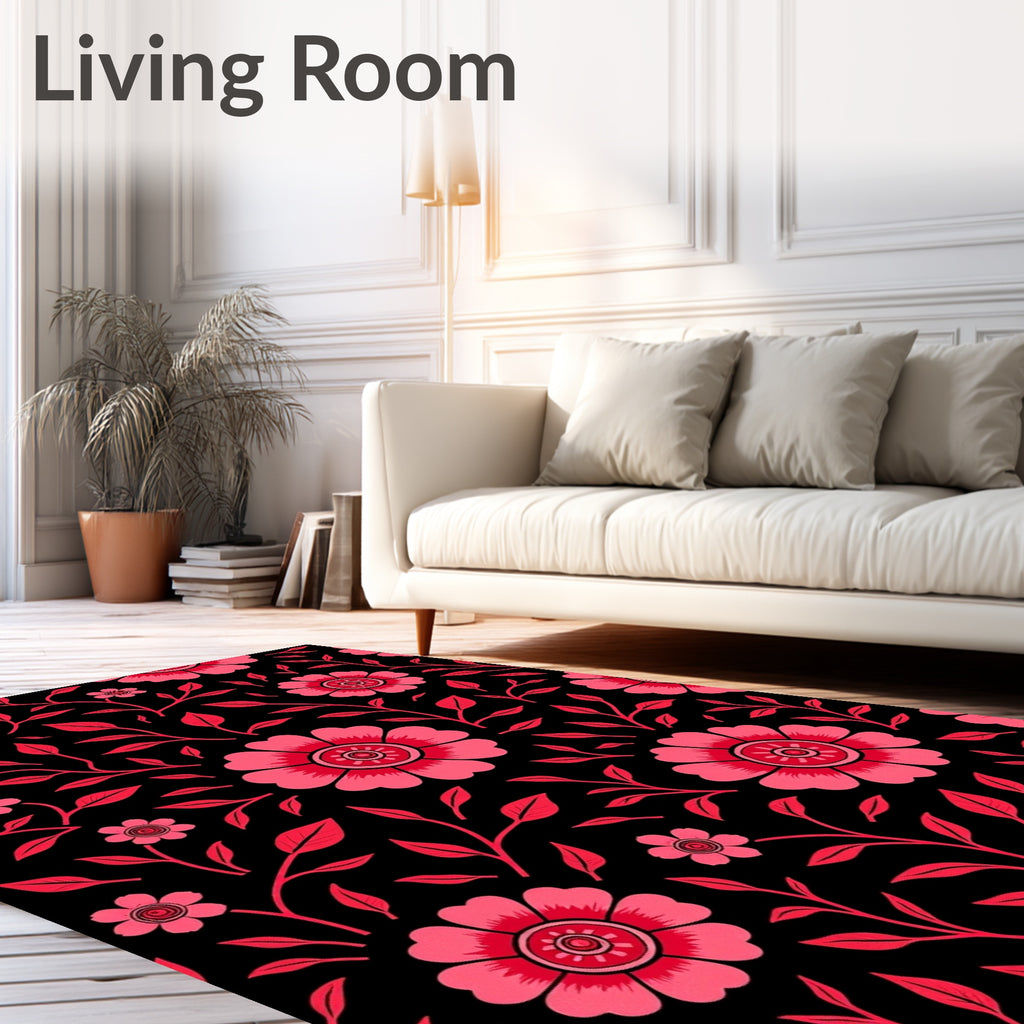 Bold Pink Floral Swirls On Black Rug