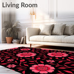 Bold Pink Floral Swirls On Black Rug