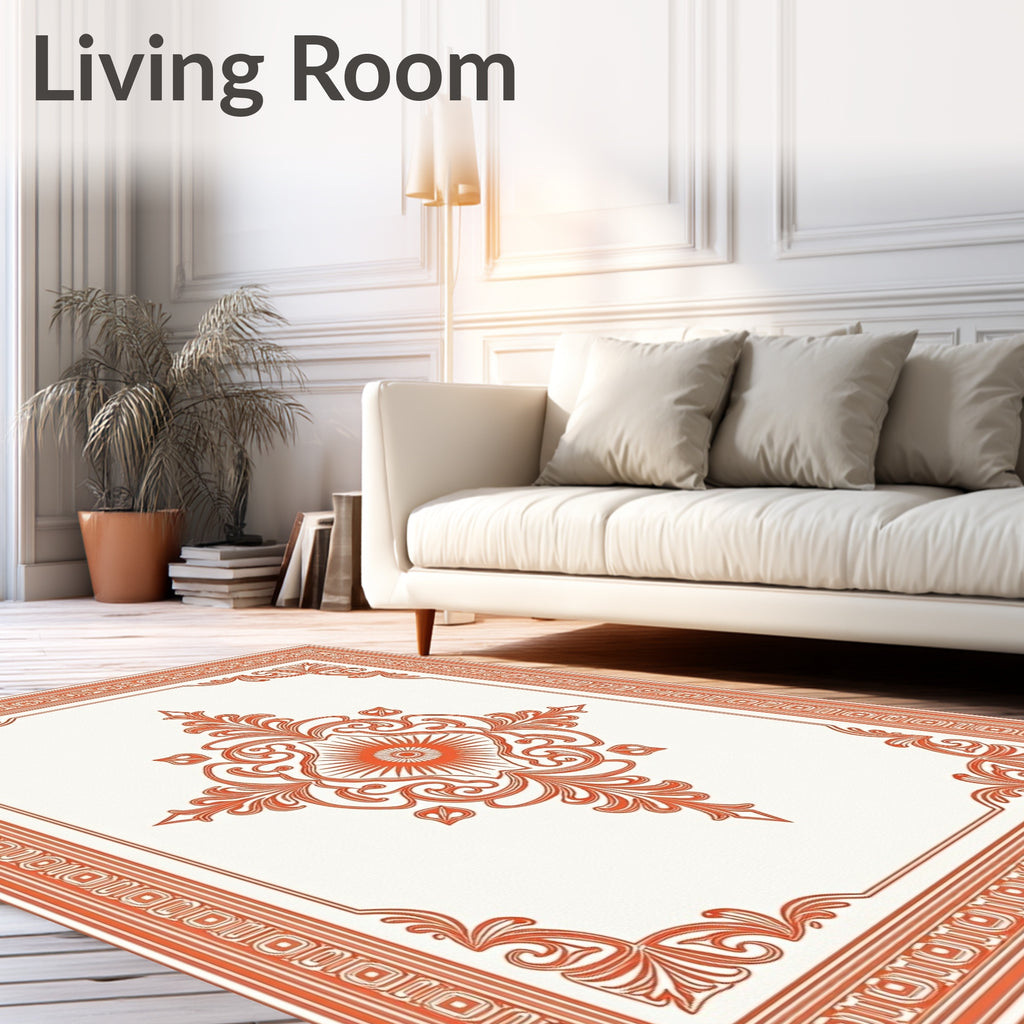 Vibrant Orange Scrollwork Medallion Frame Rug
