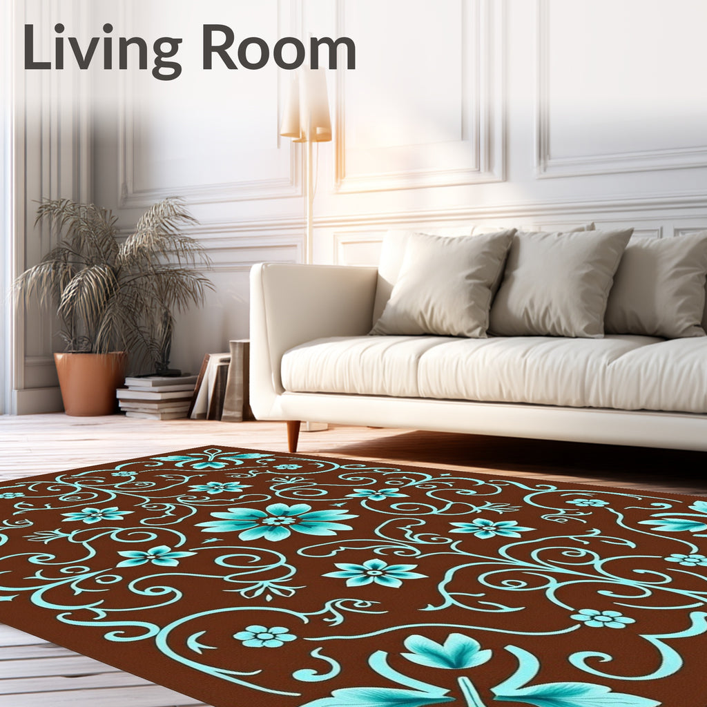 Aqua Teal Floral Scroll Brown Area Rug
