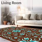 Aqua Teal Floral Scroll Brown Area Rug