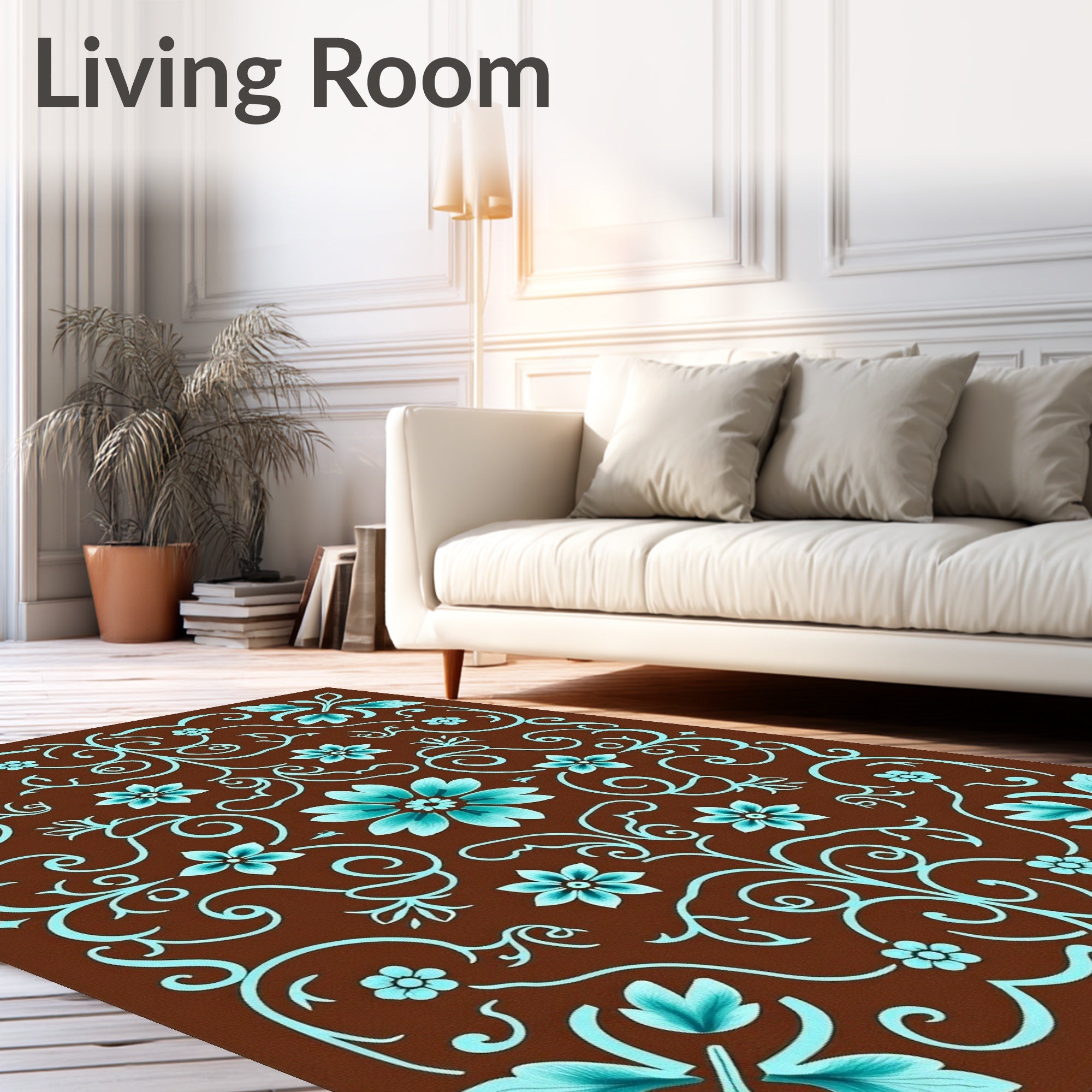 Aqua Teal Floral Scroll Brown Area Rug