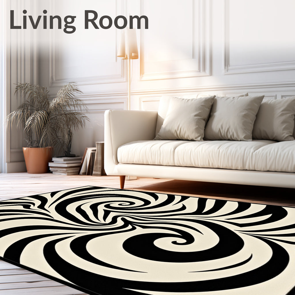 Black Cream Swirl Abstract Rug