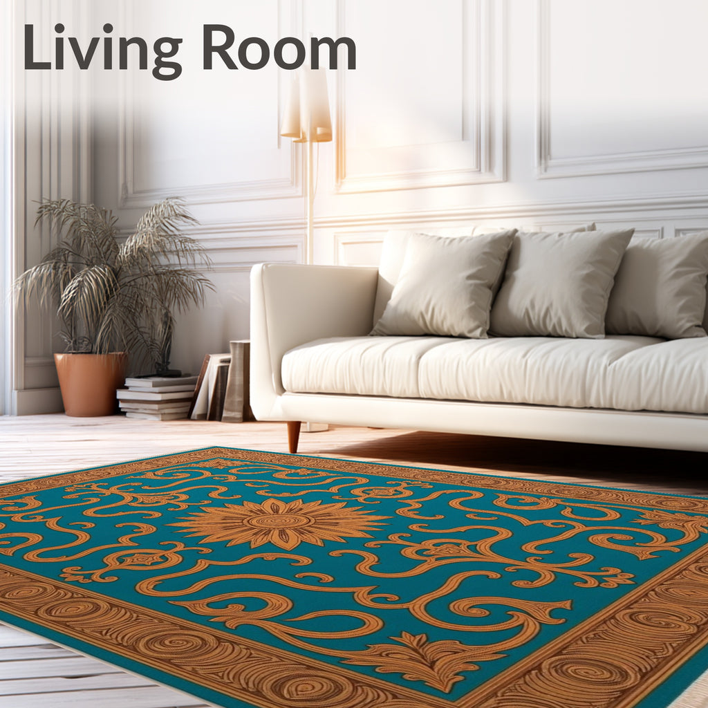 Teal Golden Sunburst Scroll Rug
