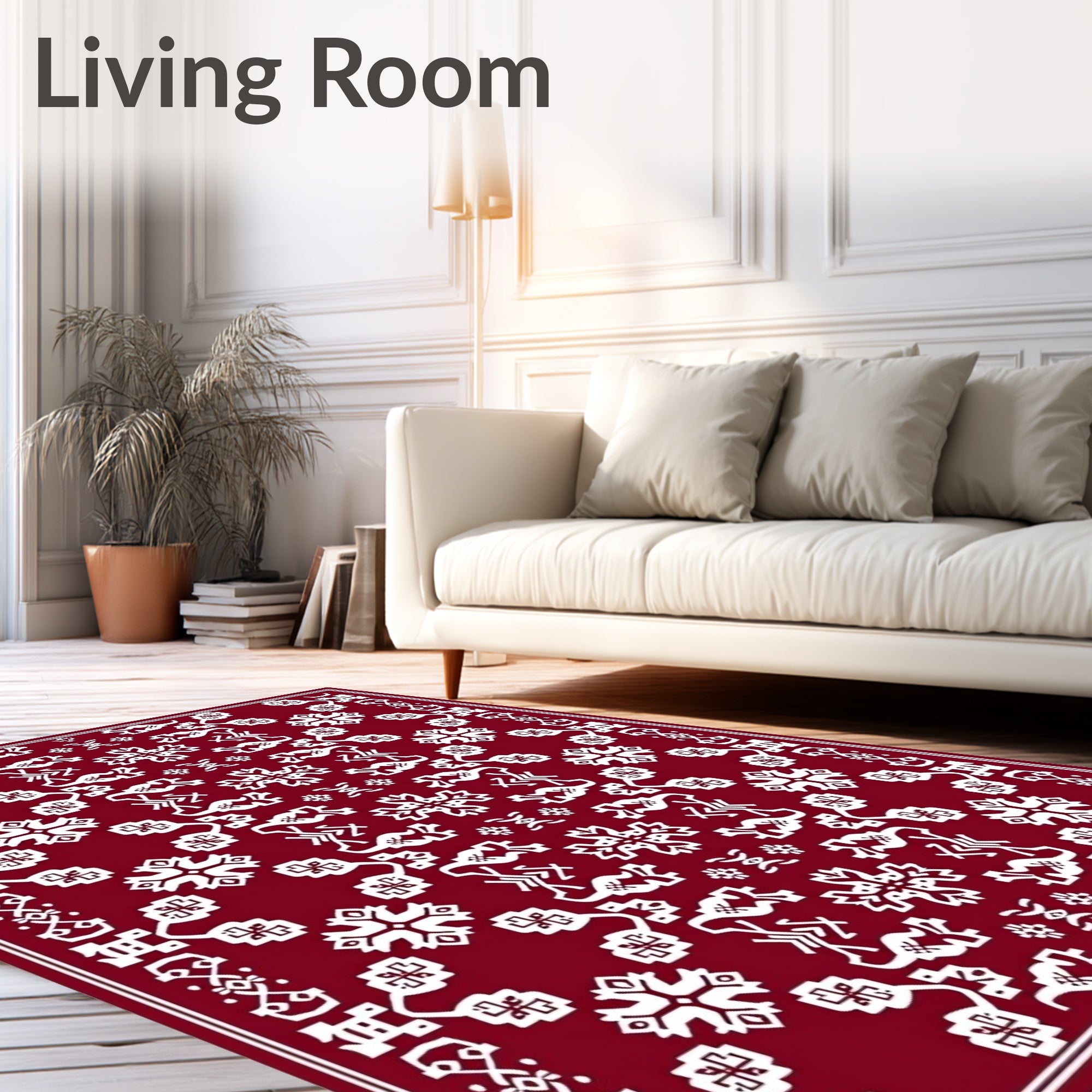 Deep Red White Folkloric Blossom Rug