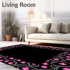 Bright Pink Blooming Flowers Black Border Rug