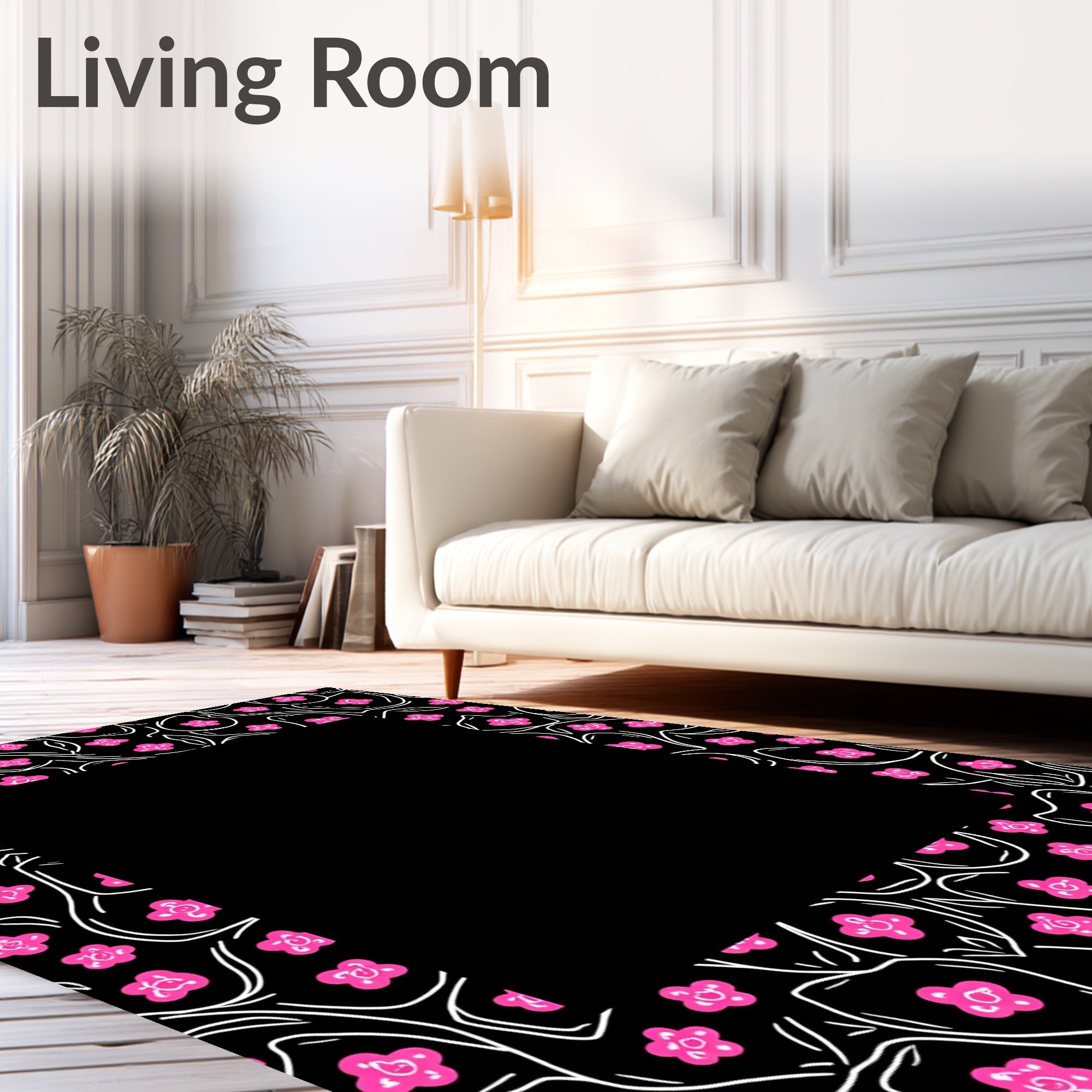 Bright Pink Blooming Flowers Black Border Rug