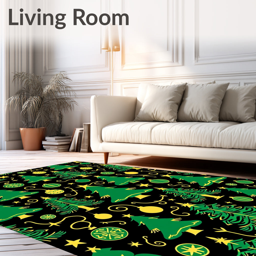 Green Yellow Christmas Trees Ornaments Rug