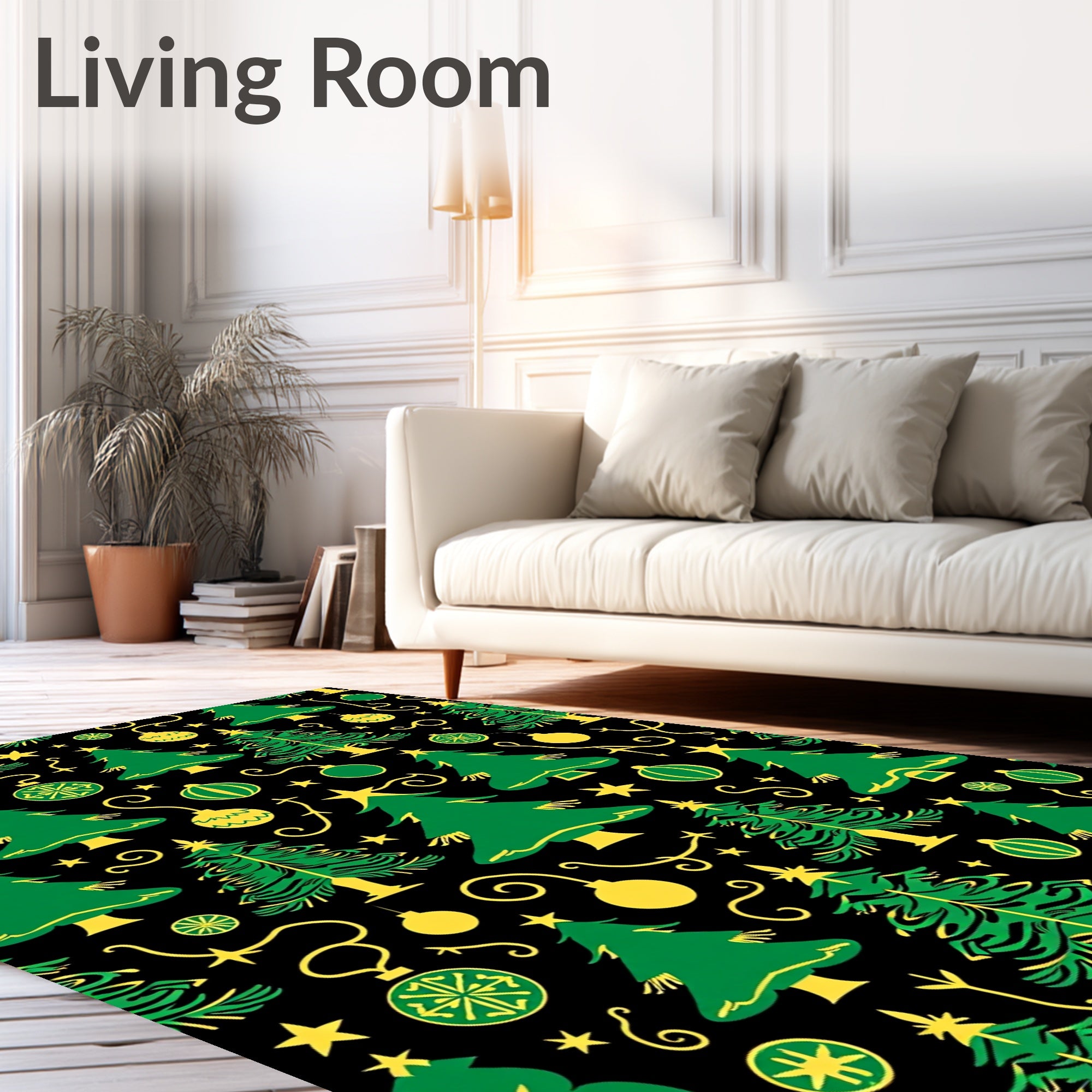 Green Yellow Christmas Trees Ornaments Rug