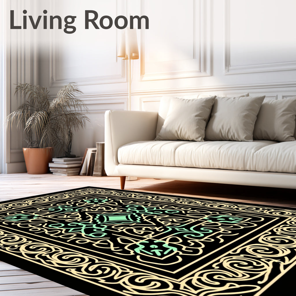 Ornate Mint and Gold Scrollwork Square Rug