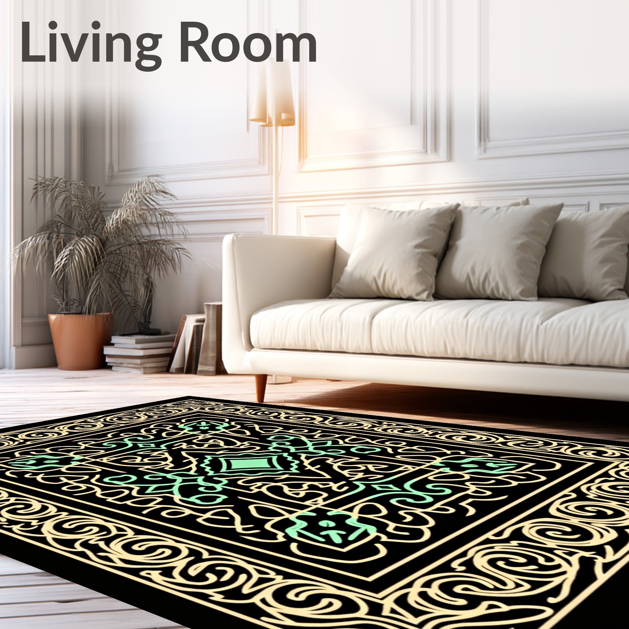 Ornate Mint and Gold Scrollwork Square Rug