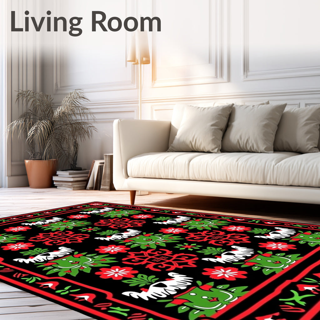 Bold Red Green Floral Border Rug