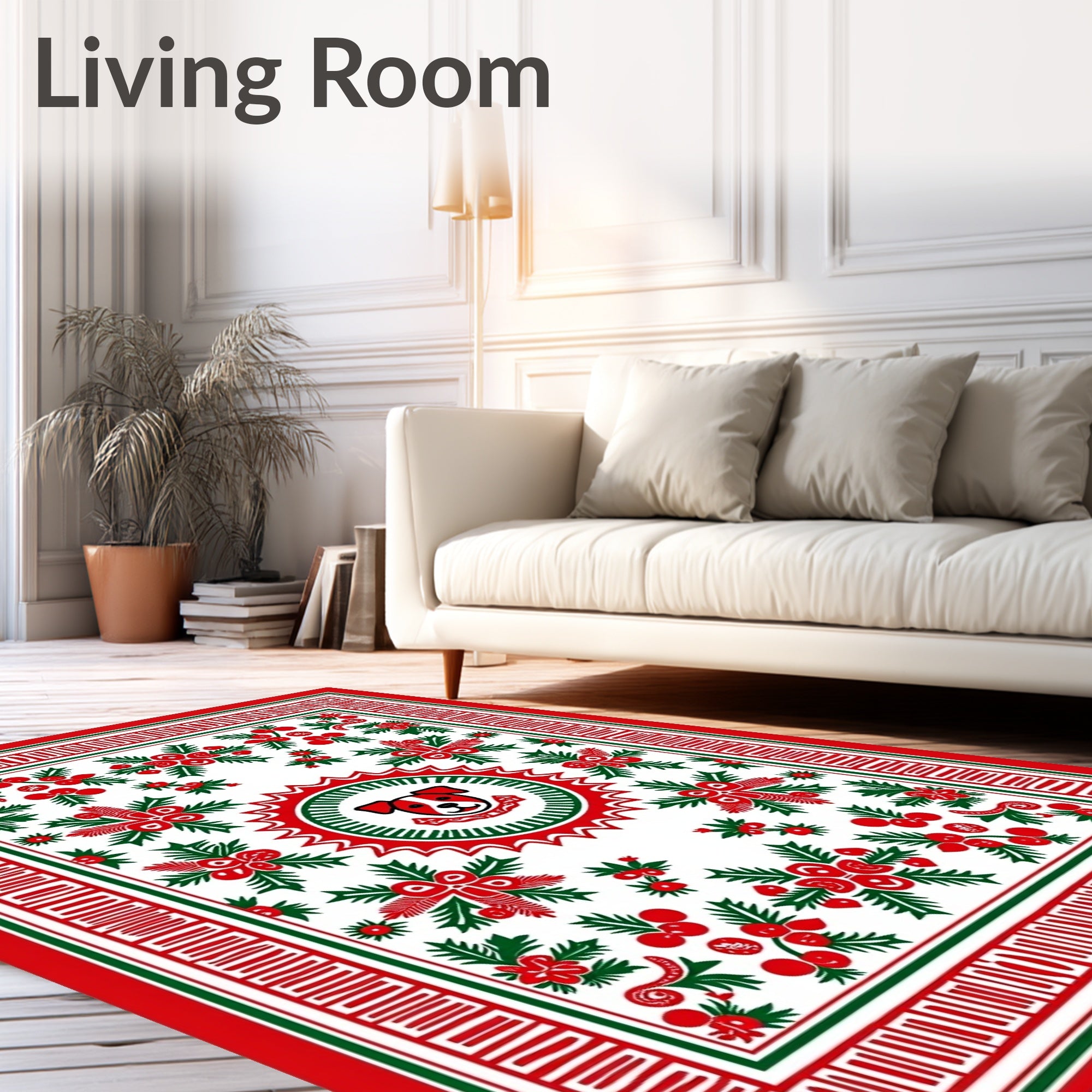 Red Green Dog Floral Holly Border Rug