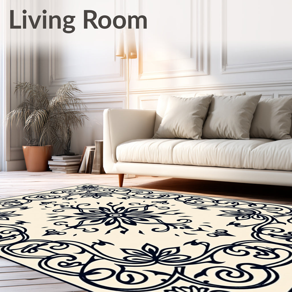 Ornate Cream and Navy Floral Frame Rug