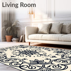 Ornate Cream and Navy Floral Frame Rug