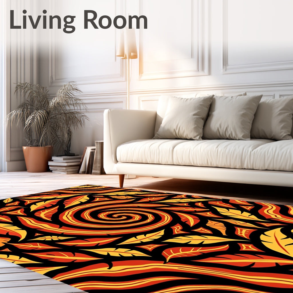 Fiery Crimson Yellow Feather Swirl Rug