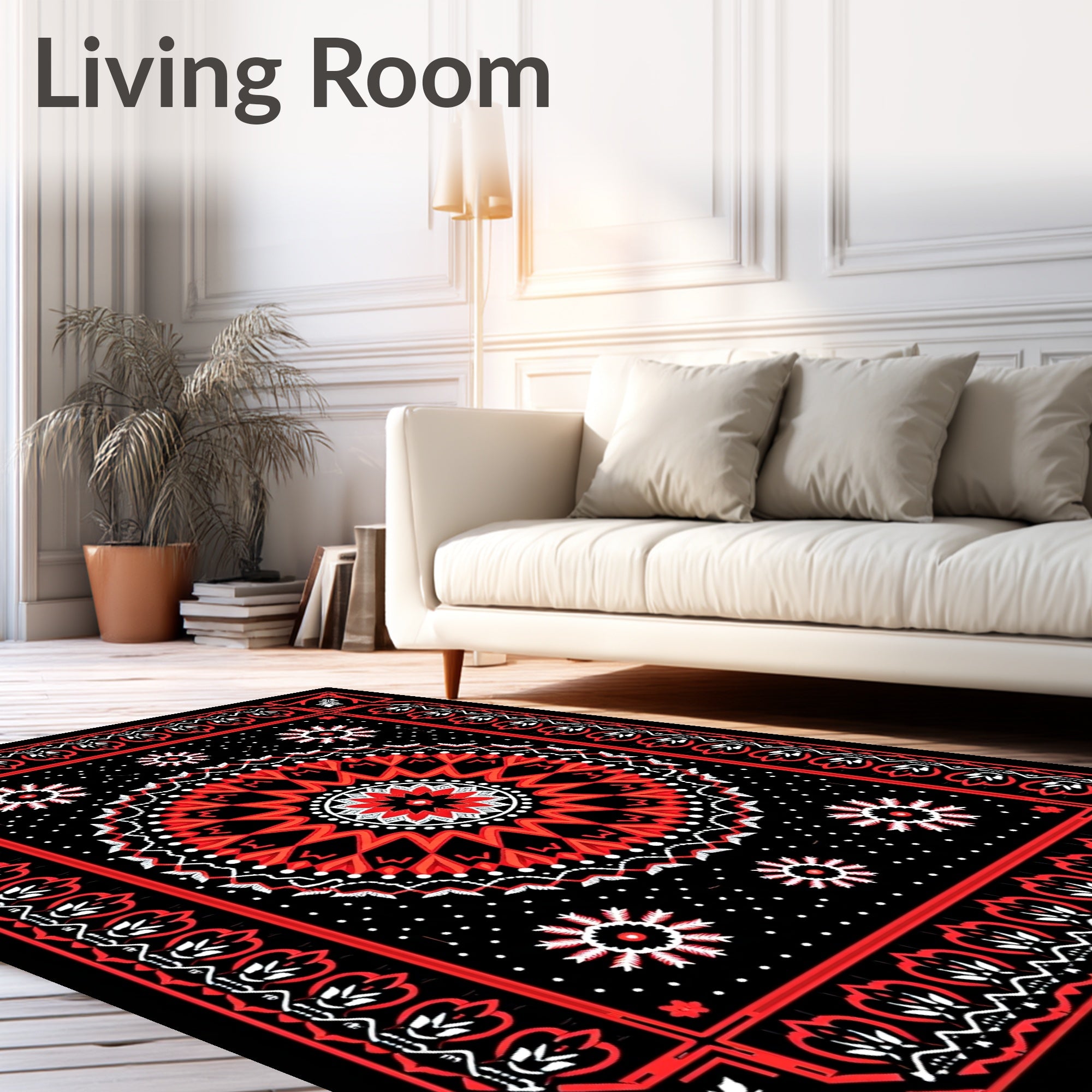 Bold Red Mandala Starburst Border Rug