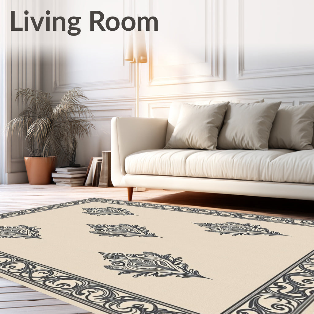 Ornate Ivory Centerpiece Damask Rug
