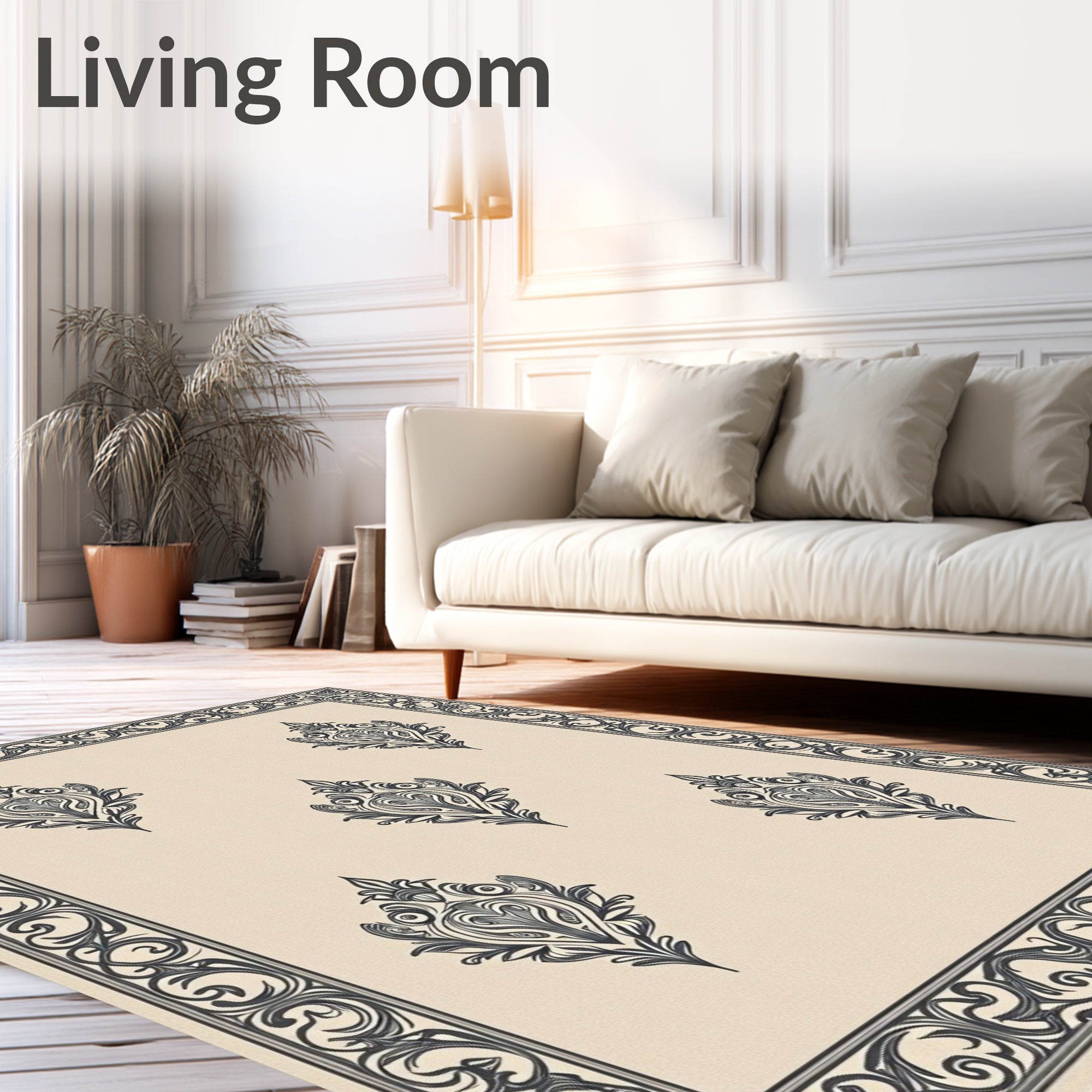 Ornate Ivory Centerpiece Damask Rug