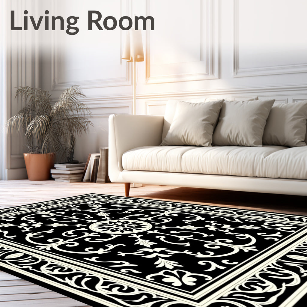 Black and White Floral Scroll Rug