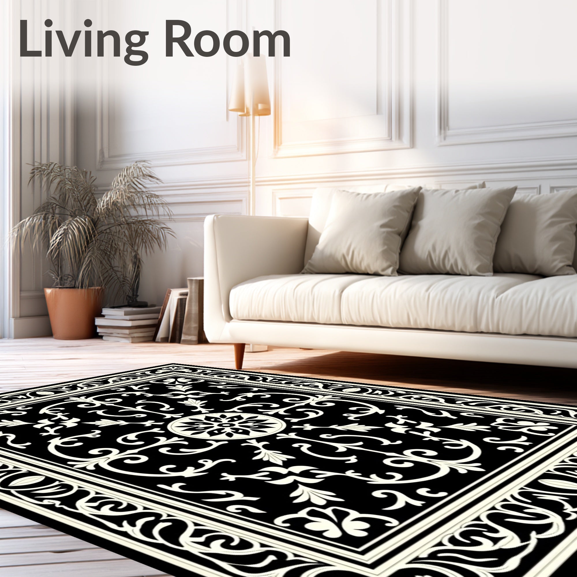 Black and White Floral Scroll Rug