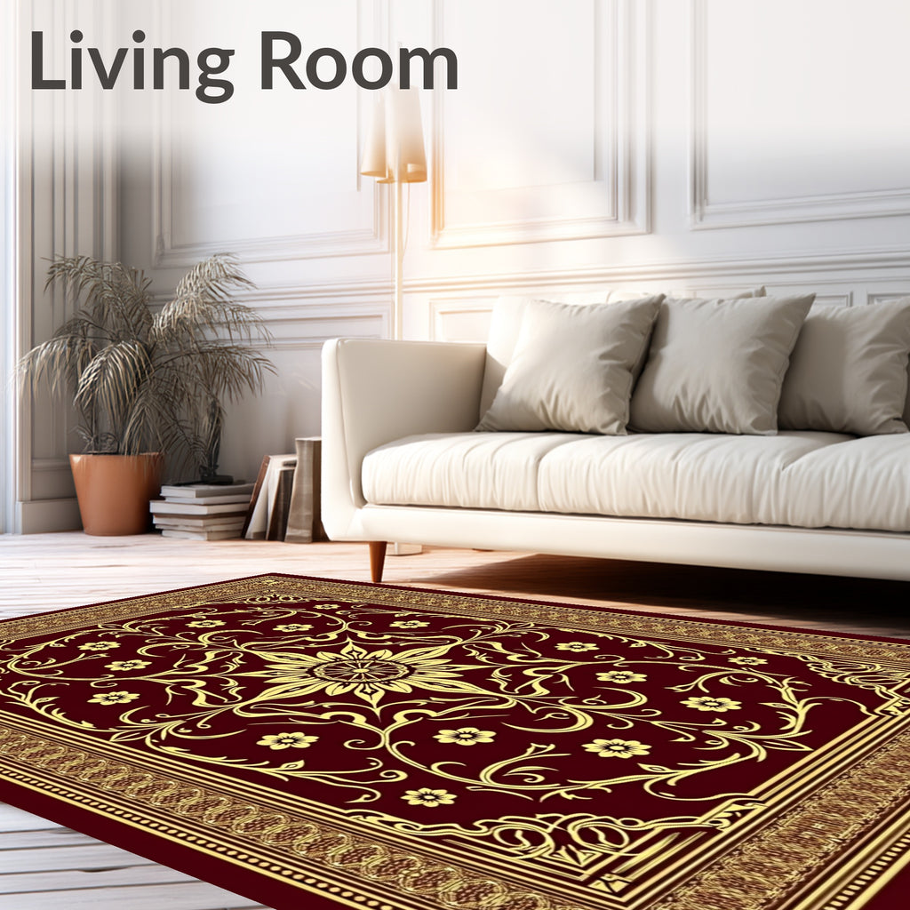Crimson Golden Floral Vines Rug
