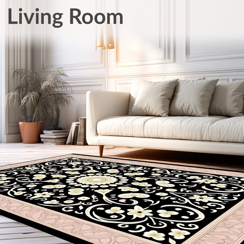 Cream Floral Swirls Black Border Rug