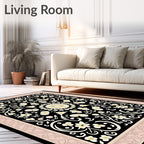 Cream Floral Swirls Black Border Rug
