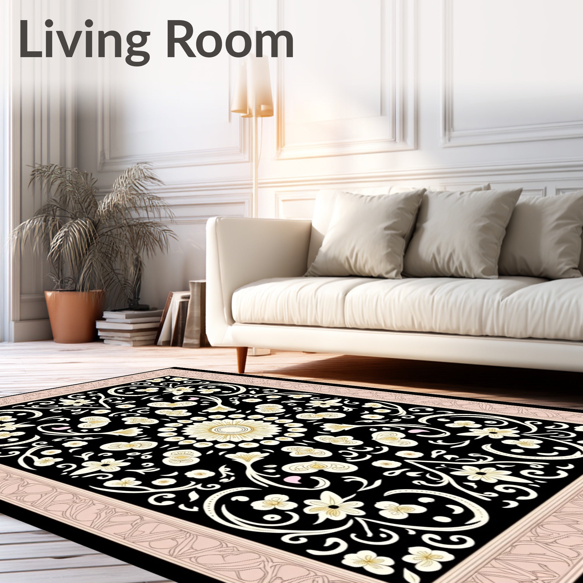 Cream Floral Swirls Black Border Rug