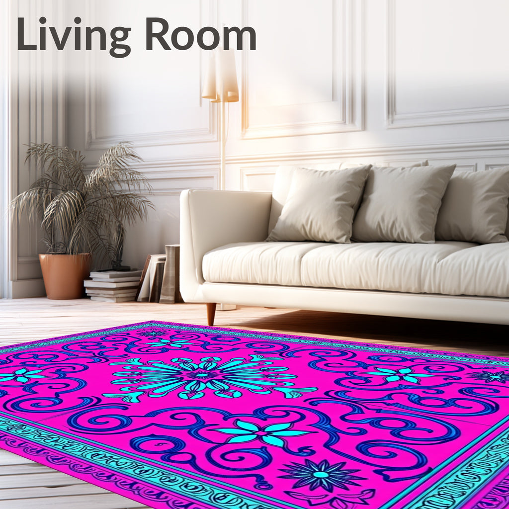 Hot Pink Teal Floral Scroll Rug