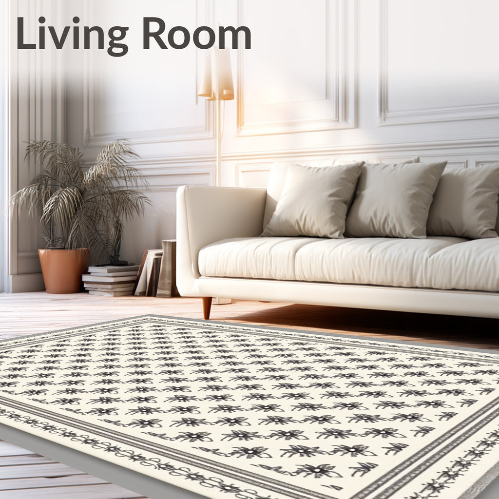 Cream Black Floral Meadow Rug