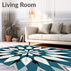 Teal White Geometric Spoked Star Rug