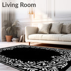 Elegant White Floral Border Black Rug