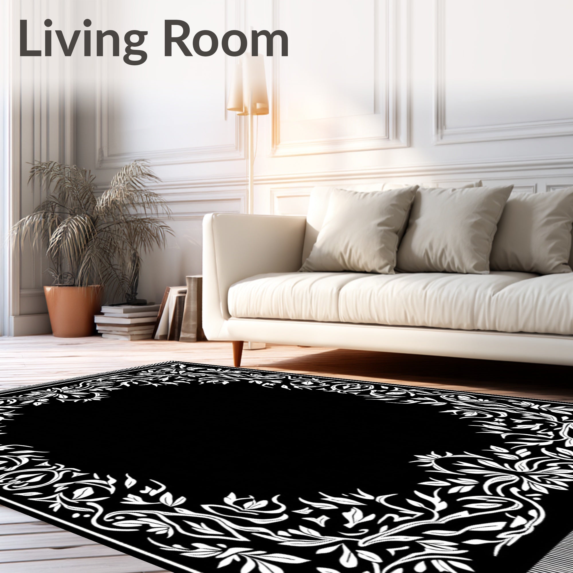 Elegant White Floral Border Black Rug