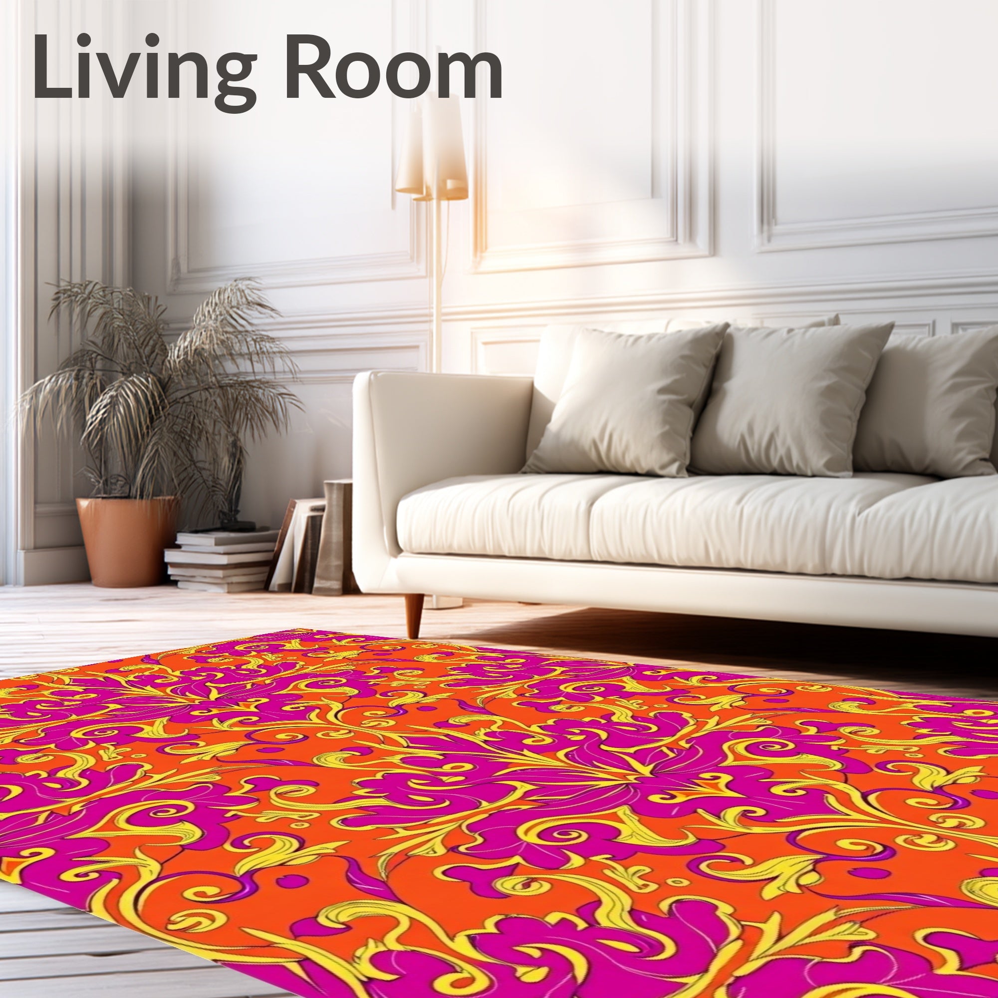 Vivid Magenta Yellow Floral Damask Rug