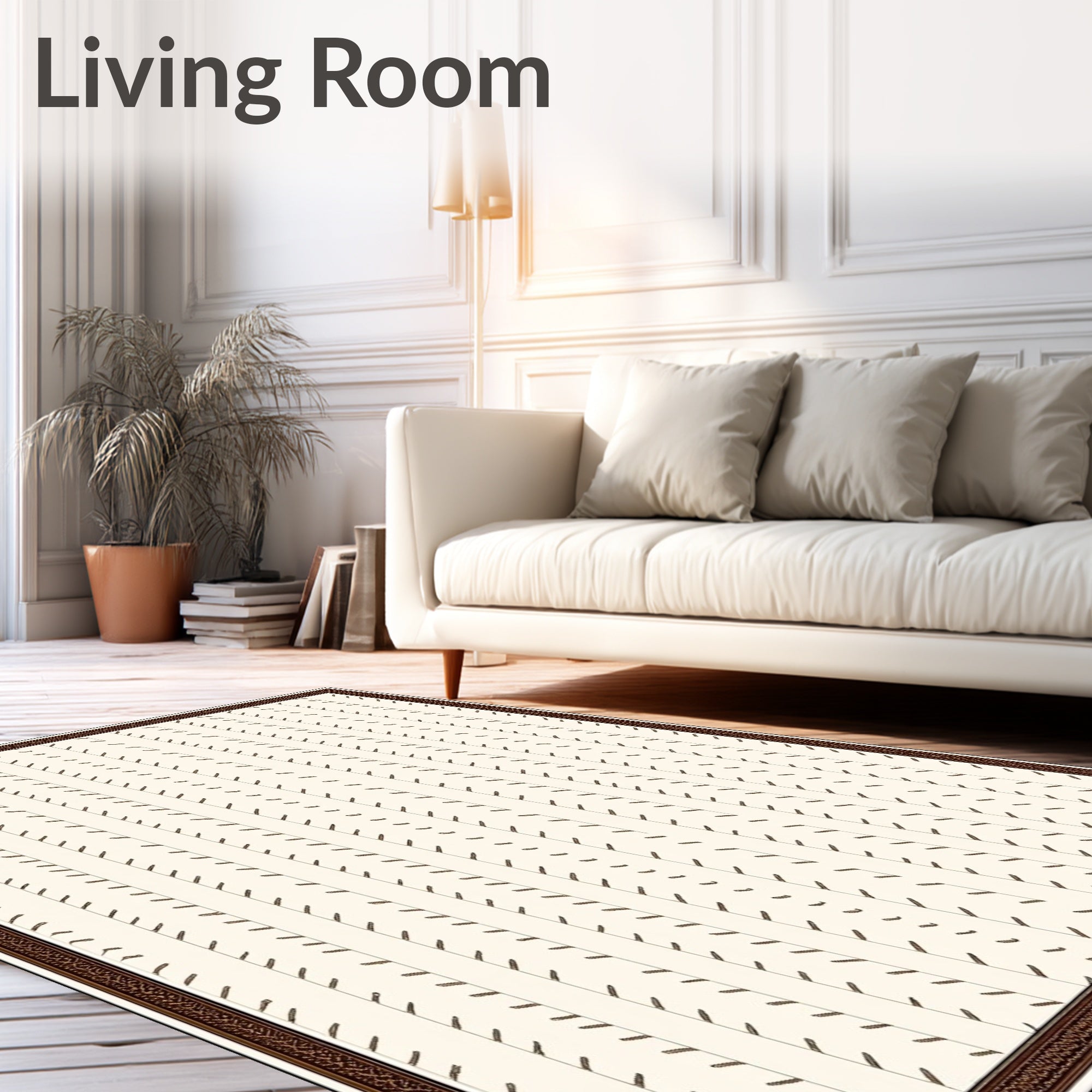 Cream Tan Vertical Dash Border Rug