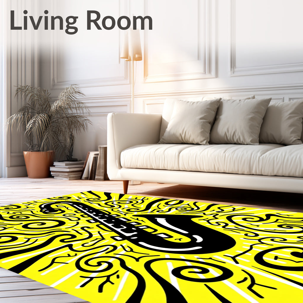 Vibrant Yellow Saxophone Swirls Rug