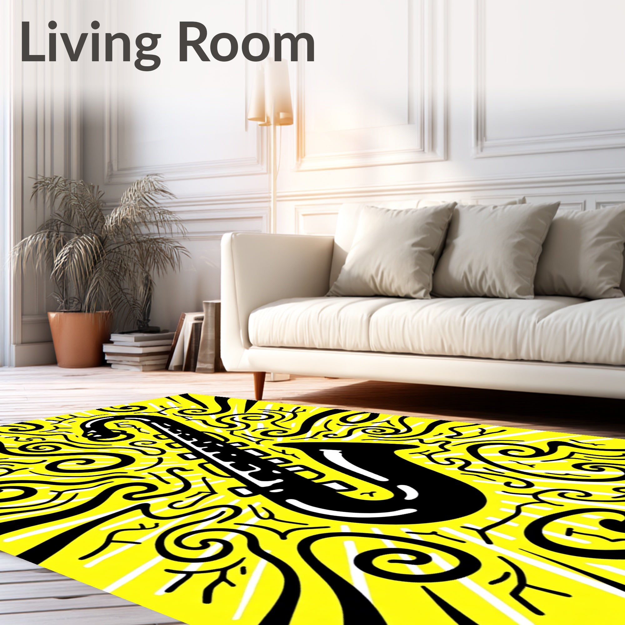 Vibrant Yellow Saxophone Swirls Rug