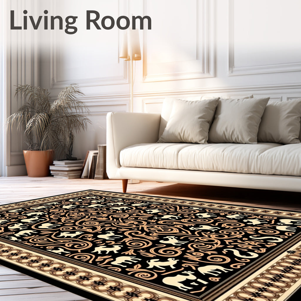 Black Camel Floral Scrollwork Rug