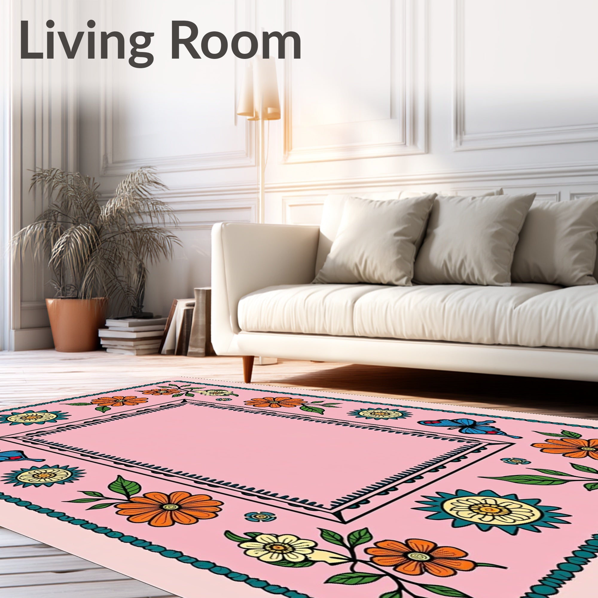 Pink Orange Floral Butterfly Border Rug